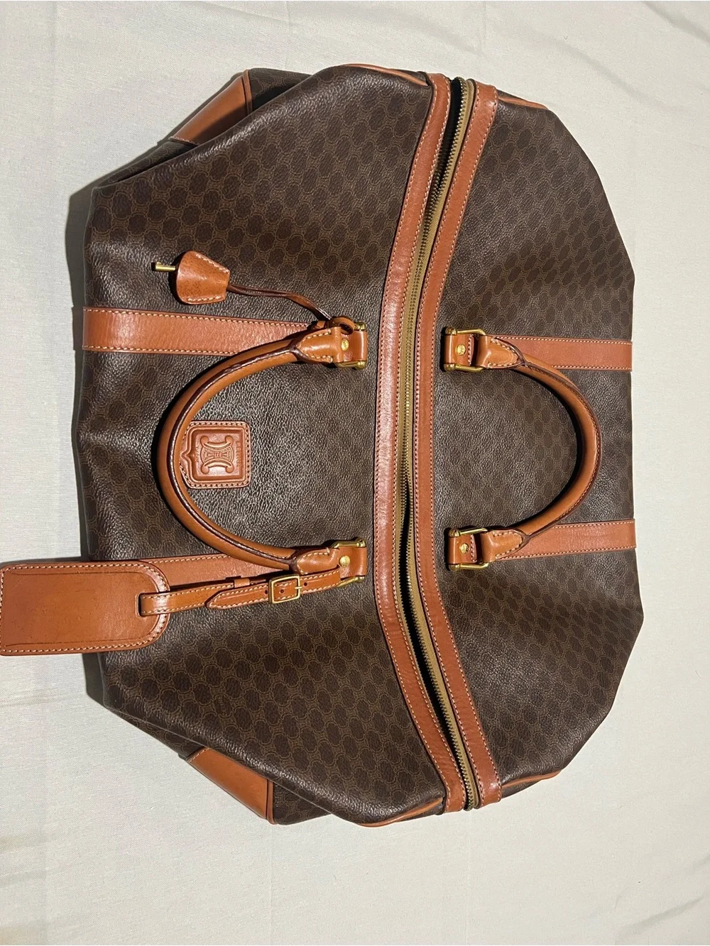 Classic Celine Brown Leather-Trim Travel Duffel Bag